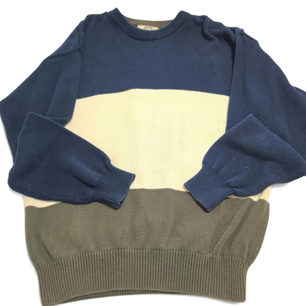 Vintage 90s Sears Heavy Knit Sweater Navy Cream Olive Men's L Grandpa Cottage